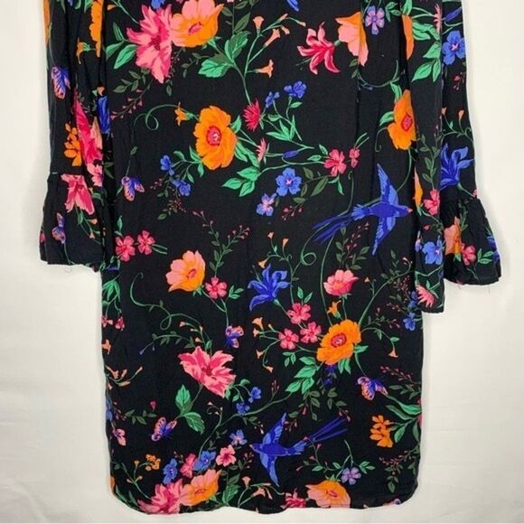 Old Navy Black Multi Color Floral Flare Flounce Sleeve Shift Dress Rayon M - Picture 4 of 11